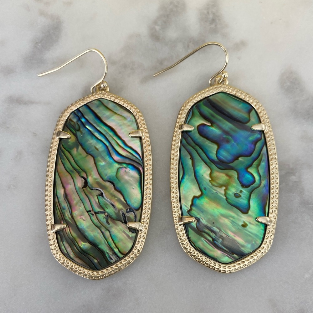 Kendra Scott Danielle earrings. Abalone stones set in gold frames